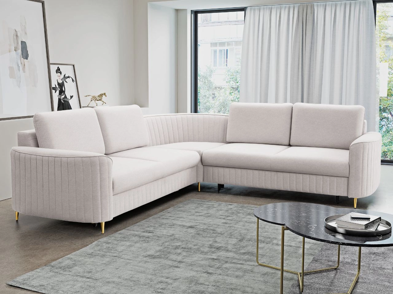 Ecksofa L-Form Links mit Schlaffunktion und Bettkasten Limon Creme