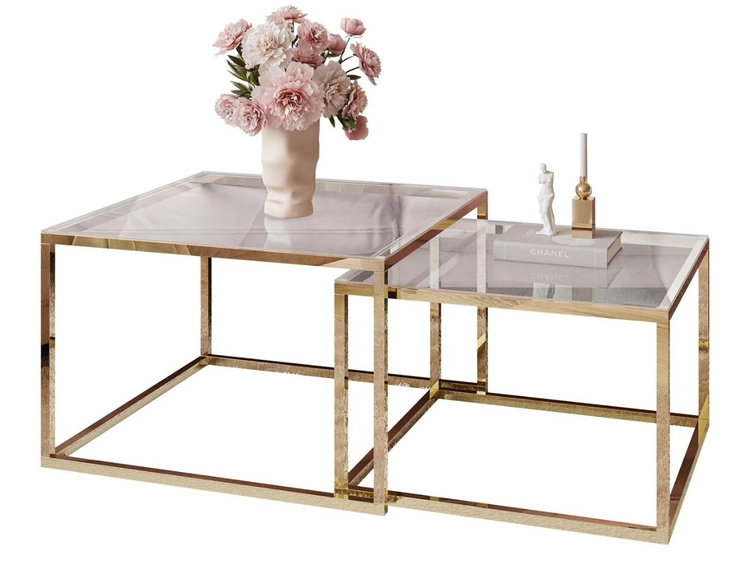 Couchtisch auf goldenem Gestell und transparenter Glasplatte Asumi 35x41