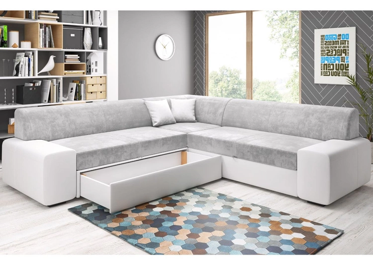 Ecksofa L-Form Links mit Schlaffunktion und Bettkasten Fresto Maxi Dunkelblau, Weiß