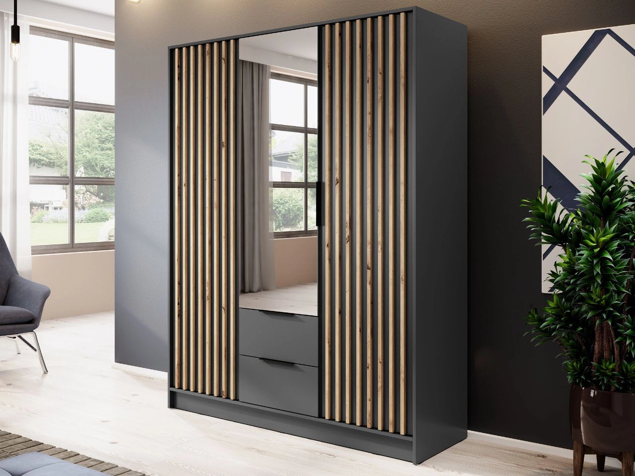 Kleiderschrank mit Spiegel 155 cm Macron Graphit, Artisan Eiche