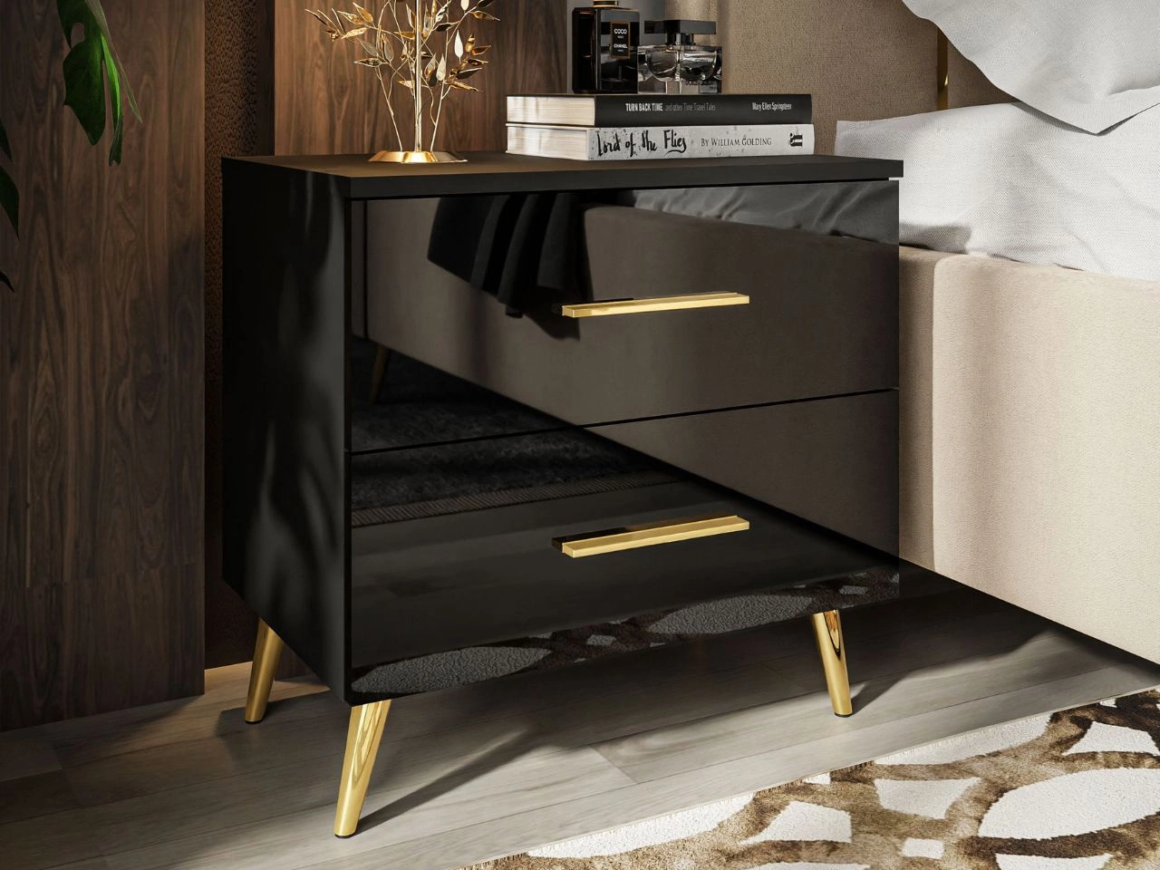 Nachttisch mit Schubladen auf Goldenen Metallbeinen Nuveo Schwarz Hochglanz