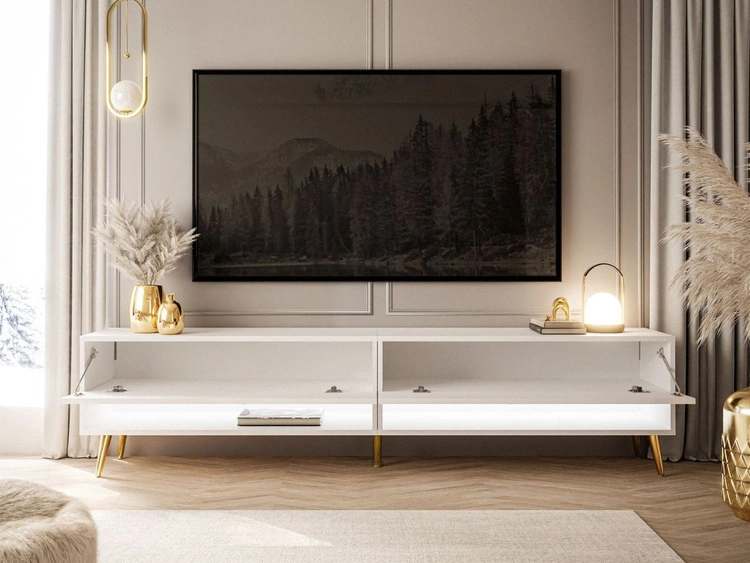 TV-Schrank für das Wohnzimmer 180 cm mit goldenen Beinen und LED-Beleuchtung Aurelie Weiß Hochglanz