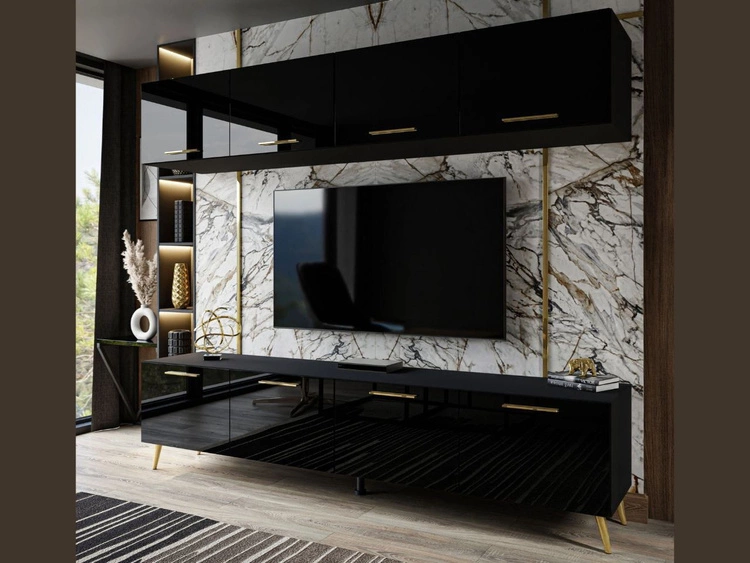 Wohnwand für das Wohnzimmer mit LED-Beleuchtung auf Goldenen Metallbeinen Noaé Schwarz Hochglanz 
