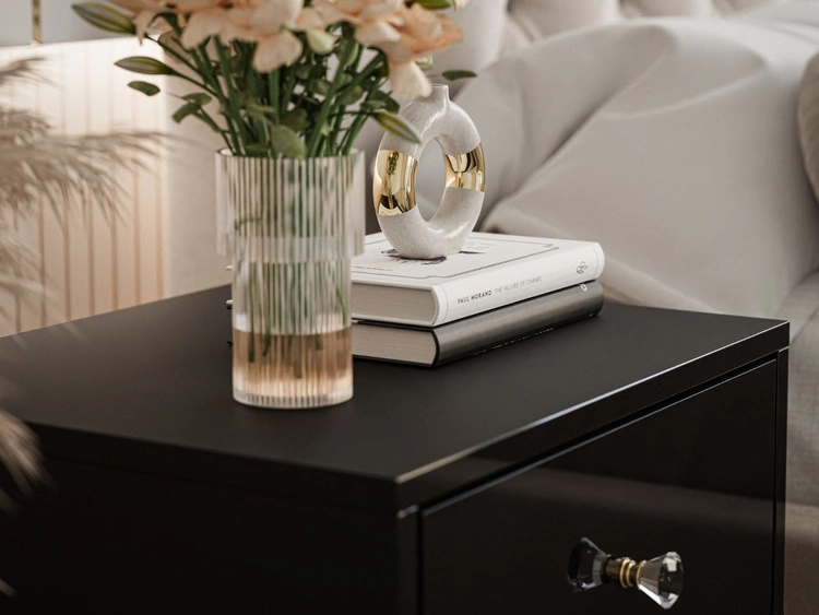 Nachttisch Glamour mit Schublade und goldenem Gestell Brisa Schwarz Hochglanz