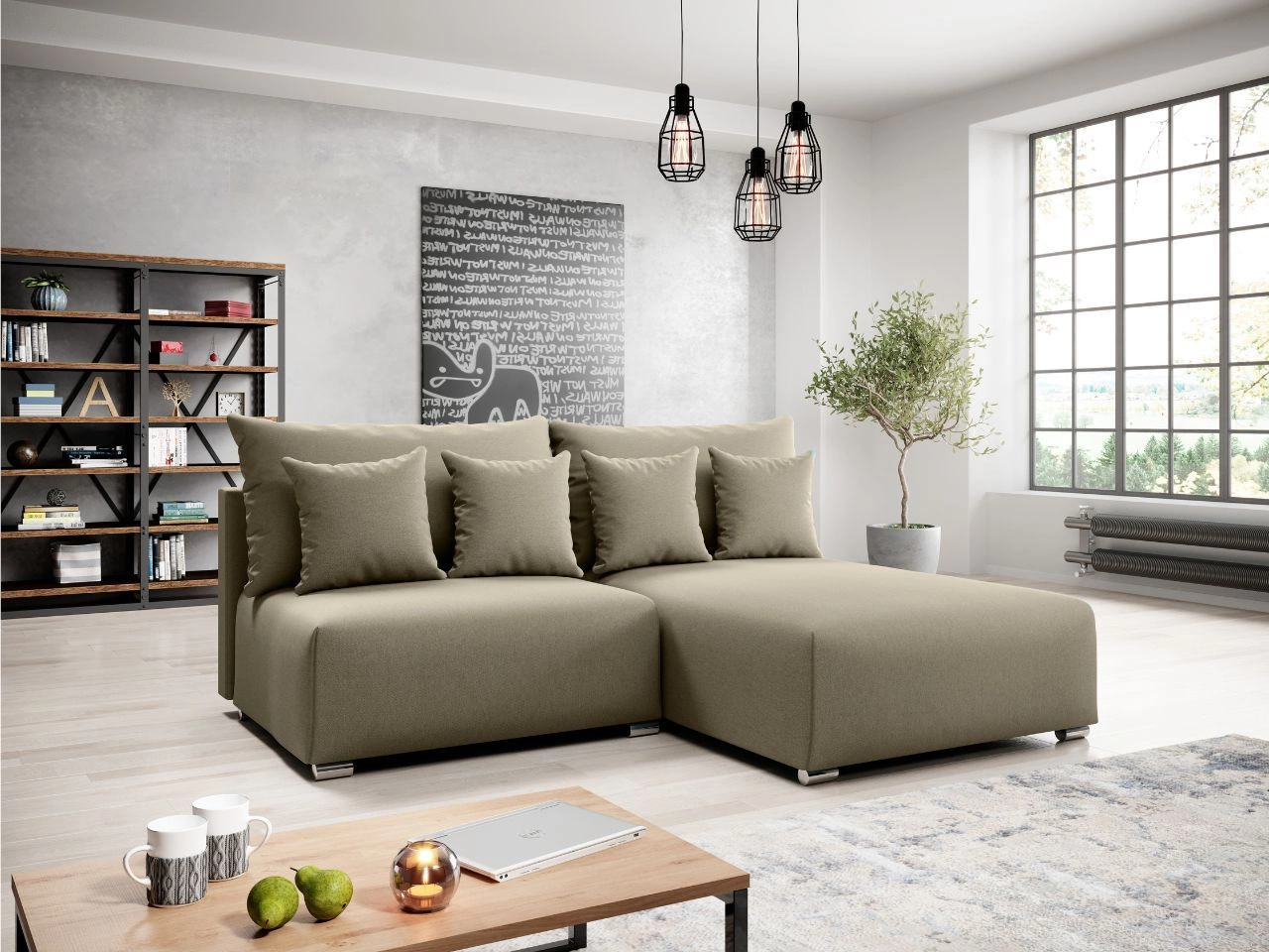 Ecksofa L-Form Rechts mit Schlaffunktion und Bettkasten Ronni Beige