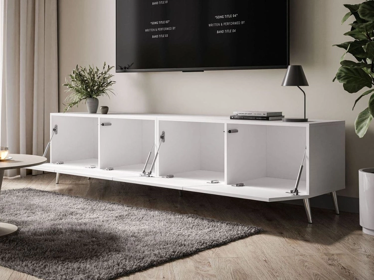 TV-Lowboard mit Türen auf Silbernen Metallbeinen 200 cm Nodoo Weiß Hochglanz