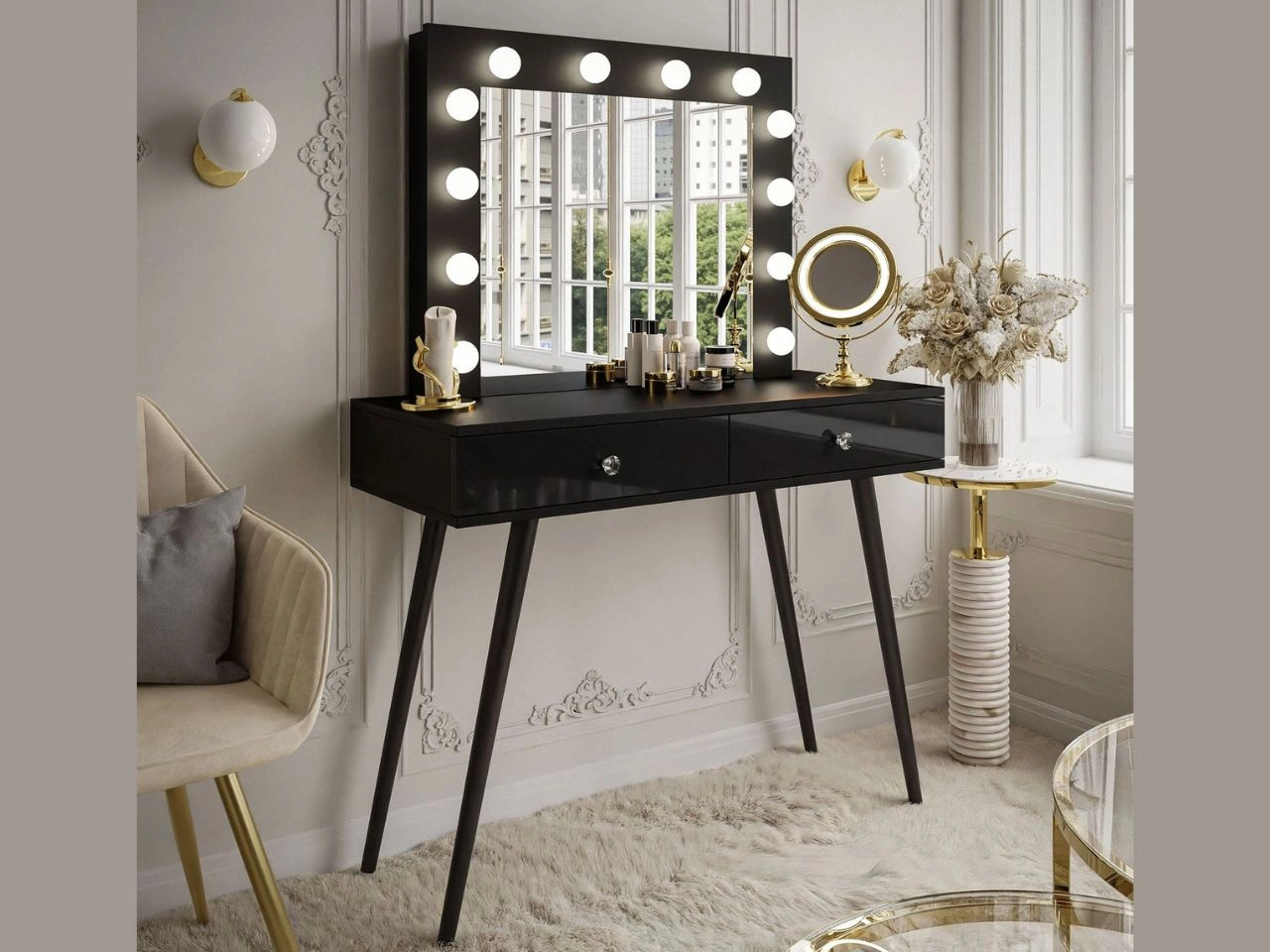 Schminktisch glamour mit Schubladen, Kristallgriffen und LED-Beleuchtung Olivine Schwarz Hochglanz