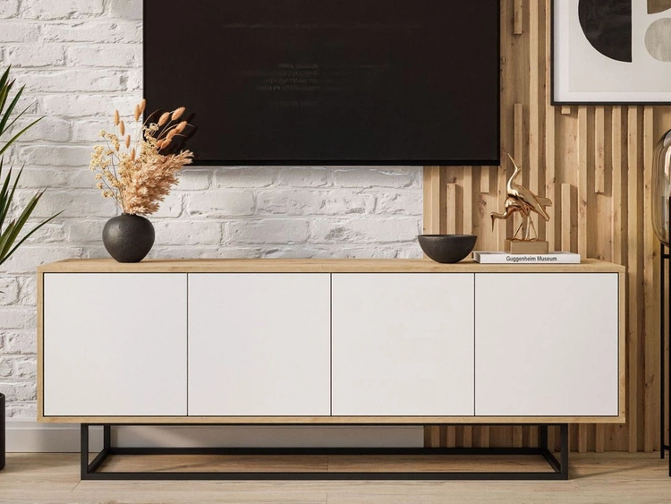 TV-Lowboard schwarzes Gestell Vivance Weiß und Eiche Artisan