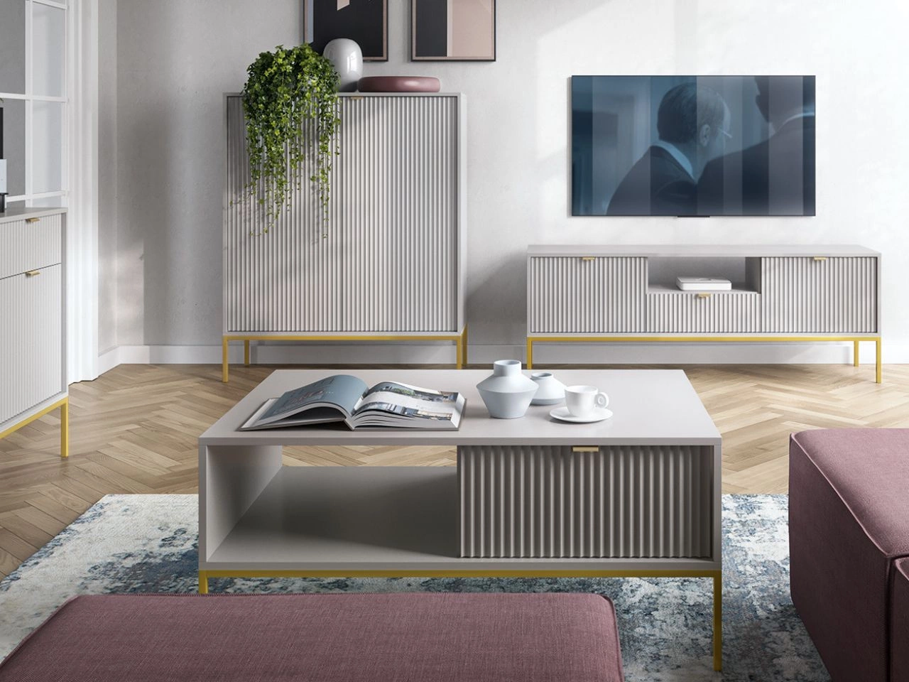 Couchtisch mit Stauraum Amber Grau auf goldenen Beinen