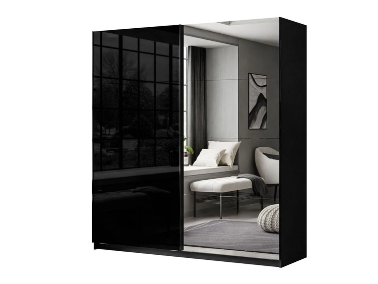 Schwebetürenschrank Zweitüriger mit Spiegel 194 cm Nuveo Schwarz Hochglanz