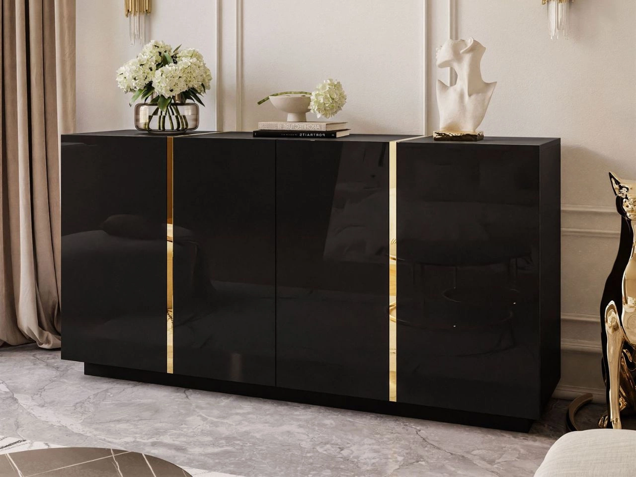 Viertürige Kommode 158 cm Glamour-Stil Lunelie Schwarzglanz