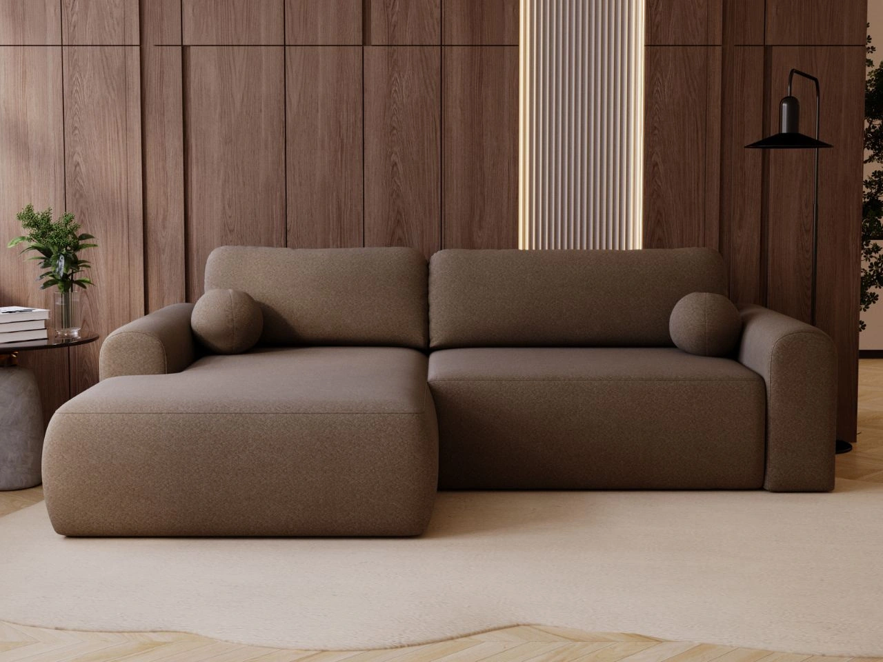 Ecksofa L-Form mit Schlaffunktion und Bettkasten Savana Links Bouclé-Stoff Braun