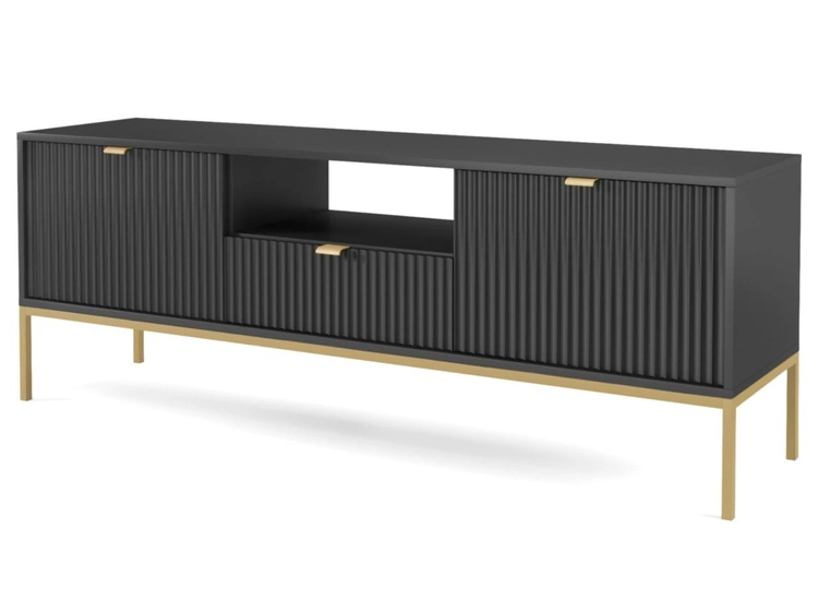 TV-Lowboard mit Schublade und Türen Amber Schwarz, Gold Frame