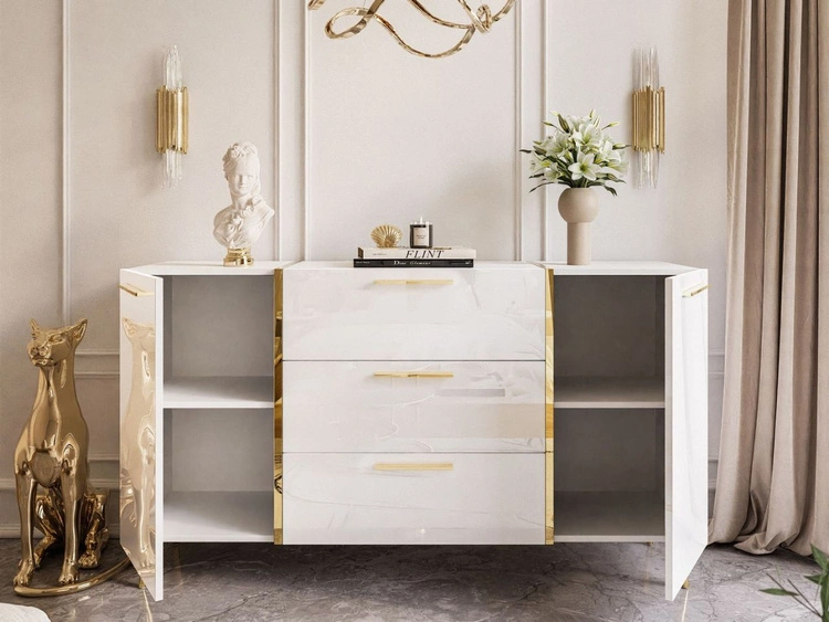 Wohnzimmer-Set mit goldenen Metallbeinen und goldenen Griffen Lunelie Weiß Hochglanz