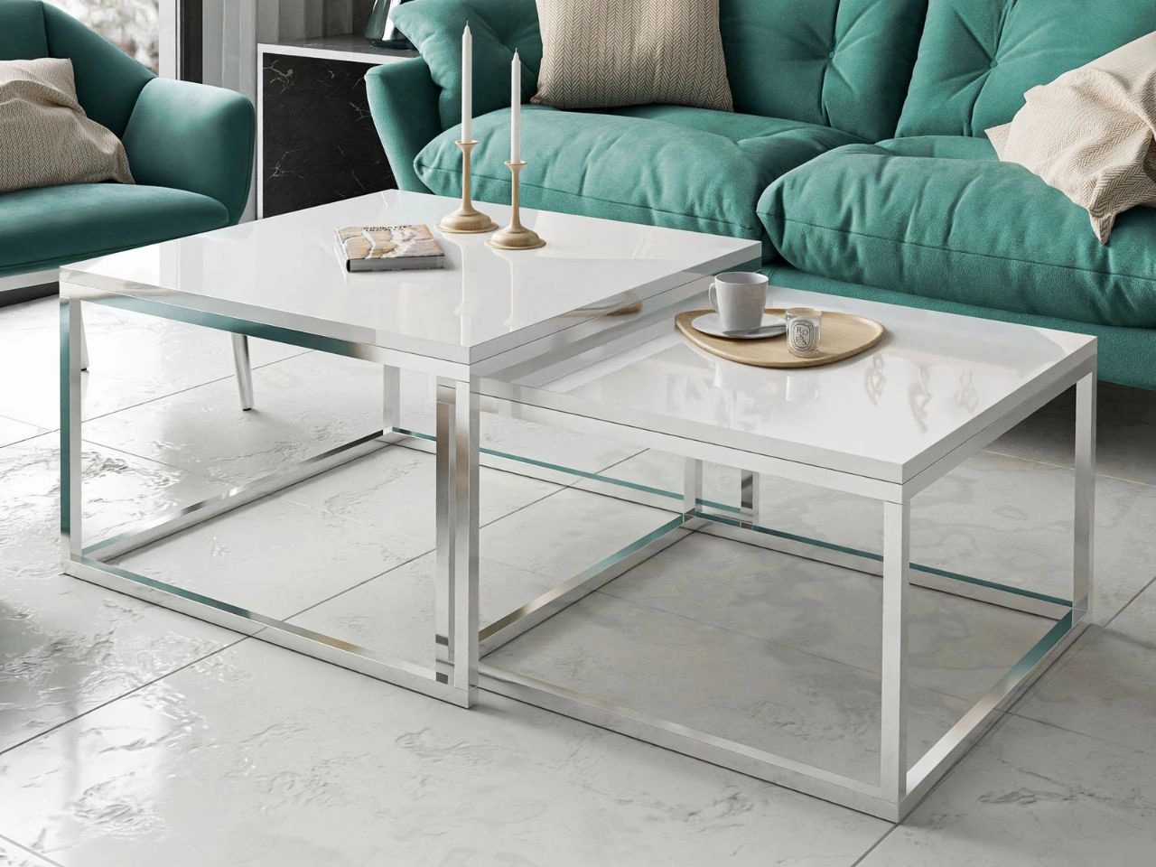 Couchtisch auf schwarzem Gestell Asumi Weiß Hochglanz 40x46