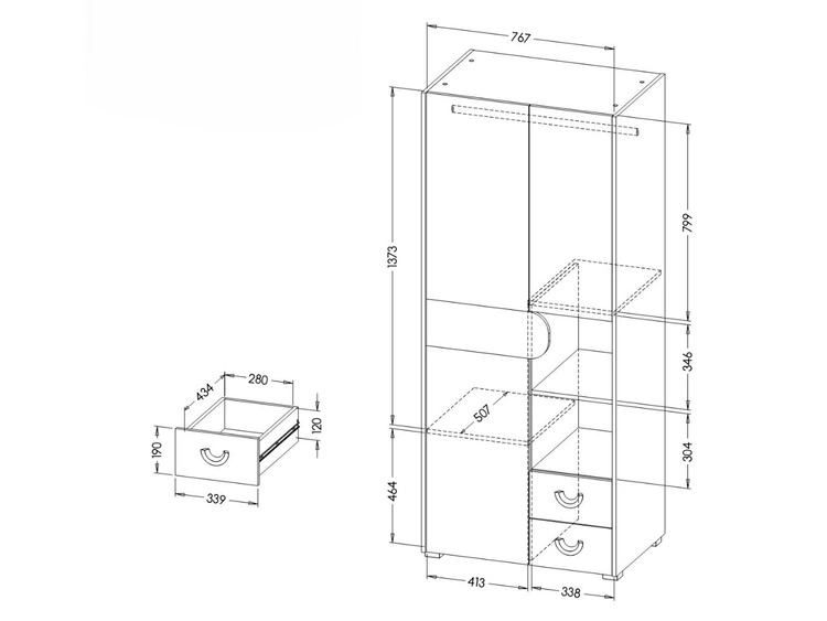 Kleiderschrank mit Schwingtüren für ein Teenagerzimmer 80 Casa Nash Eiche, Weiß, Grau