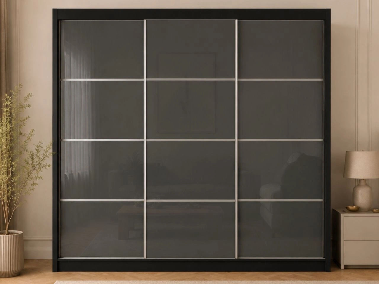 Schiebetürenschrank mit Sprossen 250 cm mit LED-Beleuchtung Ponti Schwarz, Grau