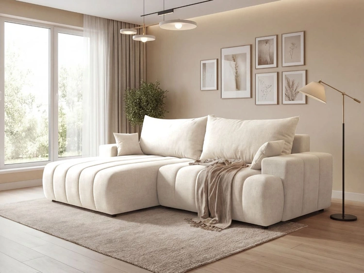 Ecksofa L-Form Links mit Schlaffunktion und Bettkasten Caleo Creme