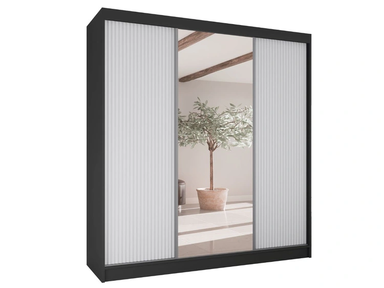 Schiebetürenschrank mit geriffelter Front und Spiegel 200 cm Rivas Schwarz, Weiß