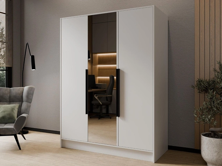 Kleiderschrank mit Spiegel 150 cm Lucca Weiß mit schwarzen Griffen