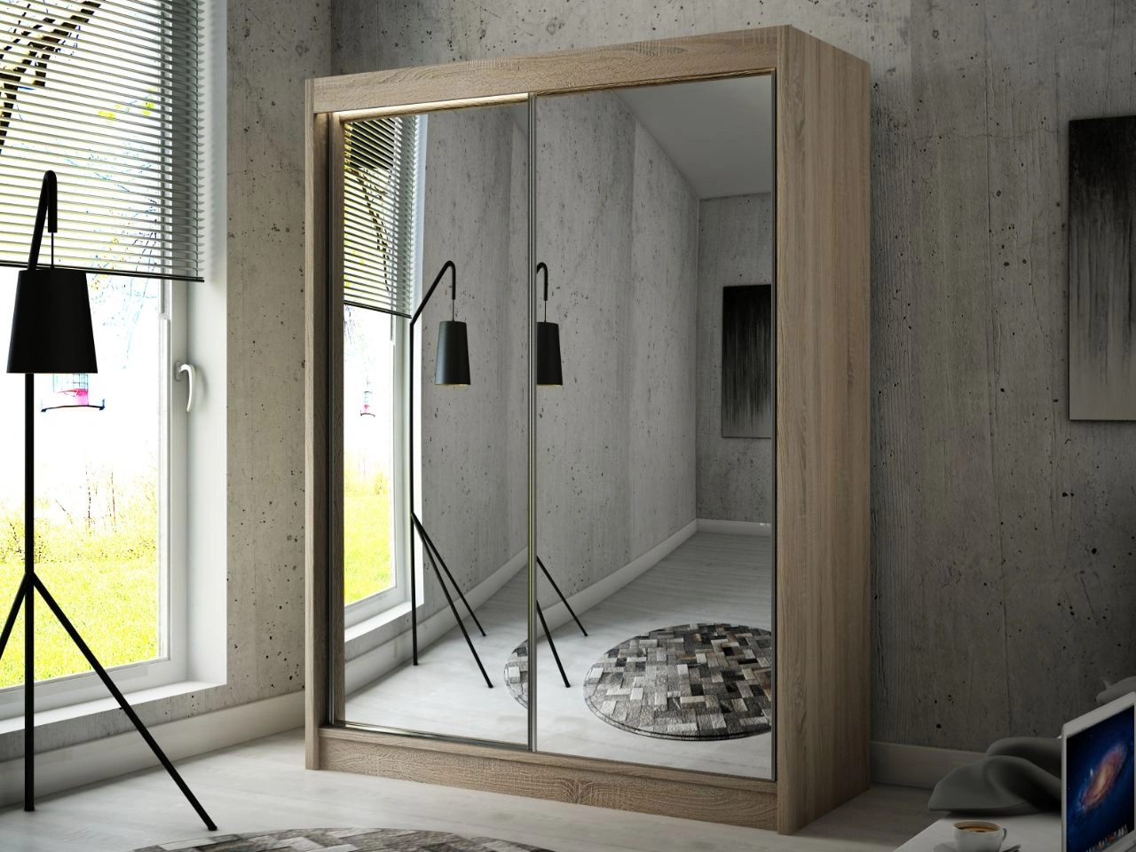 Schiebetürenschrank 150 cm mit Spiegel und LED-Beleuchtung Luzio Eiche Sonoma