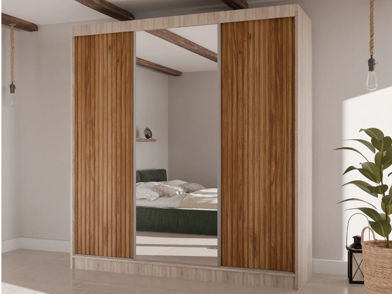 Schiebetürenschrank mit geriffelter Front und Spiegel 200 cm Rivas Eiche Sonoma, Catania