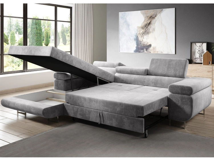 Ecksofa L-Form Links mit Schlaffunktion und Bettkasten Solam Dunkelblau