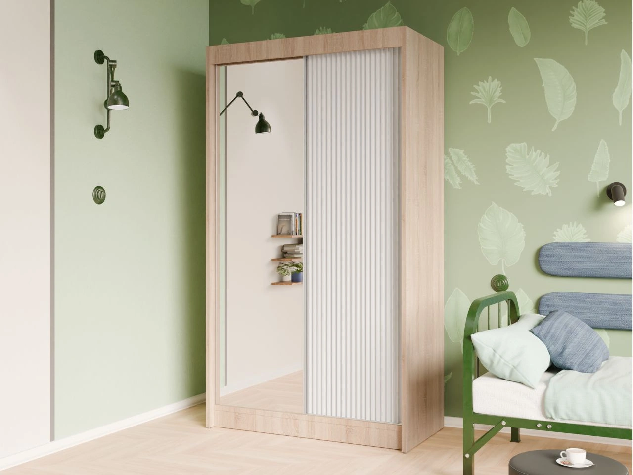 Schiebetürenschrank mit geriffelter Front und Spiegel 120 cm Fano Eiche Sonoma, Weiß