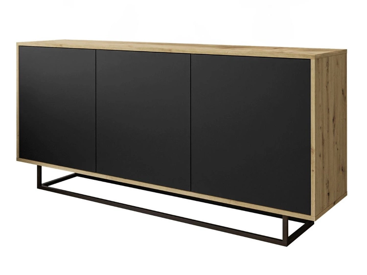 Dreitürige Kommode 154 cm im Loft-Stil auf schwarzem Gestell – Vivance, Schwarz matt & Eiche Artisan