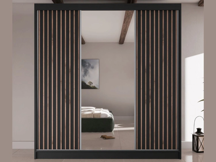 Schiebetürenschrank mit Lamellen und Spiegel 200 cm Lucena Schwarz