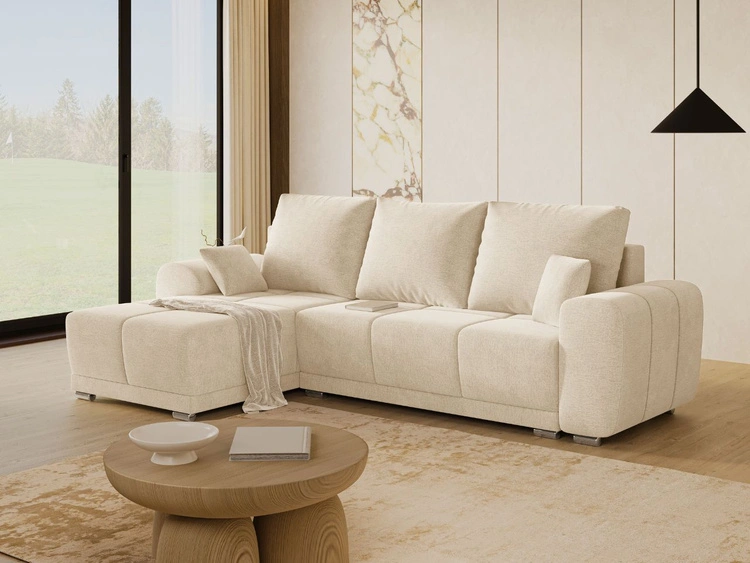 Ecksofa L-Form mit Schlaffunktion und Bettkasten Monti Links Beige