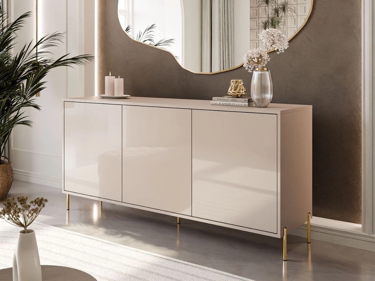 Dreitürige Kommode 154 cm auf goldfarbenen Metallbeinen Vivance Kaschmirglanz