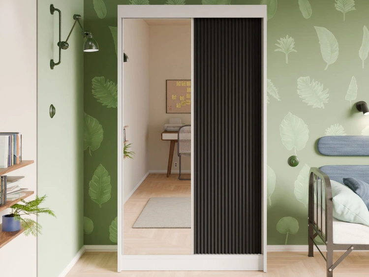 Schiebetürenschrank mit geriffelter Front und Spiegel 120 cm Fano Weiß, Schwarz