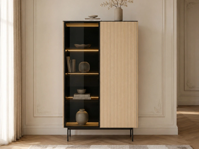 Standvitrine mit einer Glastür, LED-Beleuchtung und Schublade für das Wohnzimmer Auroé Eiche Vicenza