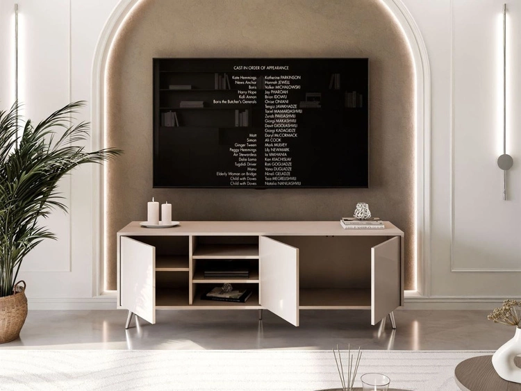 TV-Lowboard mit Türen auf silbernen Füßen Vivance, Kaschmir Hochglanz