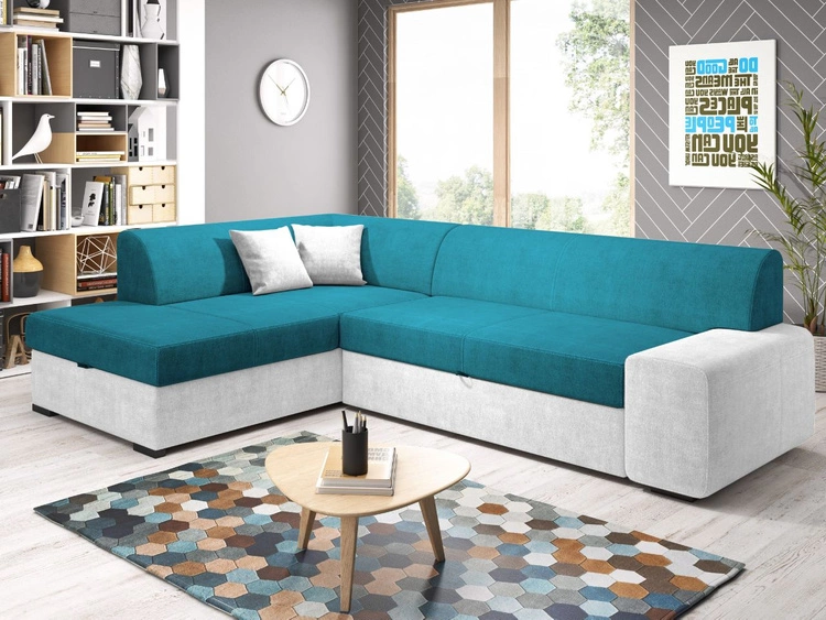 Ecksofa L-Form Links mit Schlaffunktion und Bettkasten Fresto Hellblau, Hellgrau