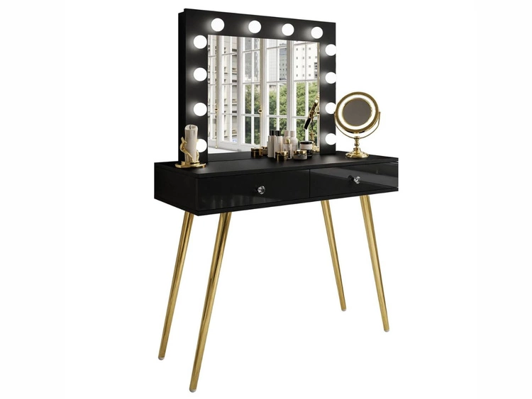 Schminktisch glamour mit Schubladen, Spiegel und LED-Beleuchtung Olivine Schwarz Hochglanz