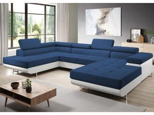 Wohnlandschaft Links mit Schlaffunktion und Bettkasten Solam U Marineblau, Weiß