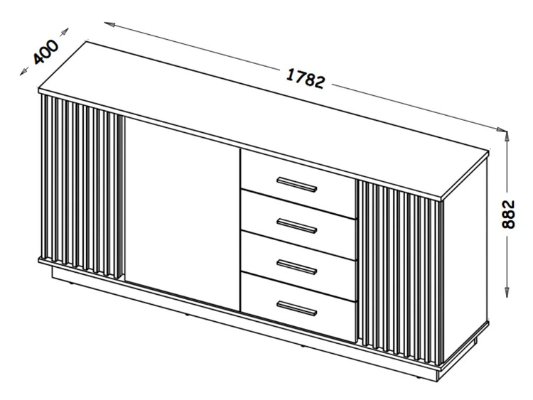 Dreitürige Kommode mit Schubladen und Latten Lavore Wotan Eiche, Schwarz matt
