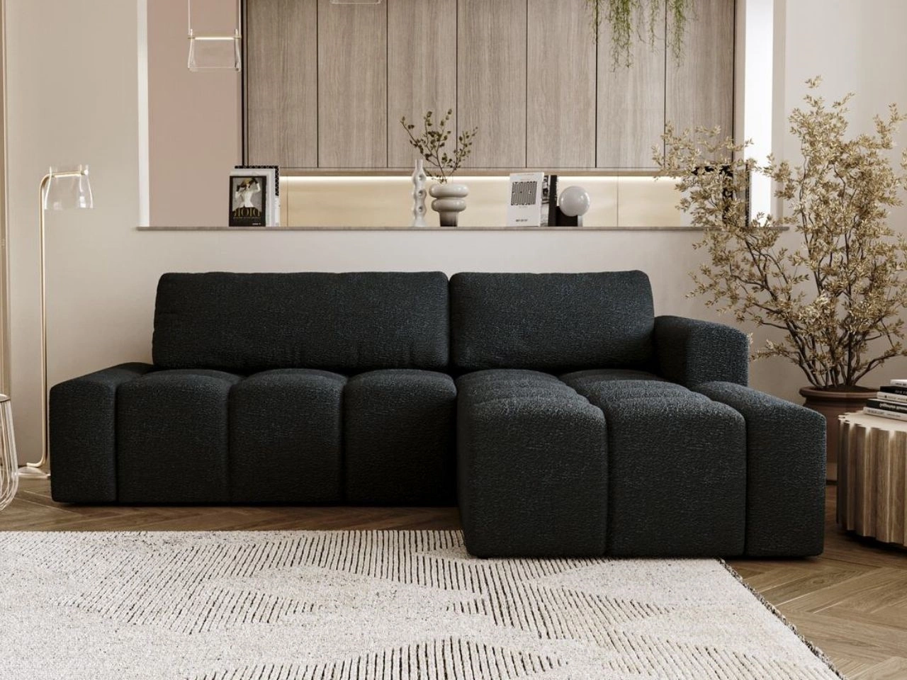 Ecksofa L-Form Rechts mit Schlaffunktion und Bettkasten Lana Schwarz