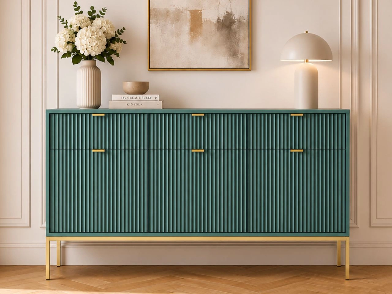 Kommode mit Türen und Schubladen Amber Grün, Gold Frame