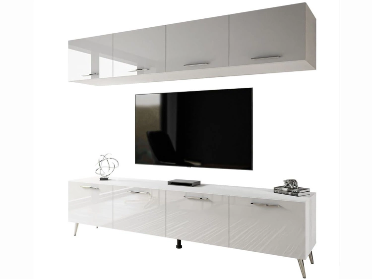 Wohnwand für das Wohnzimmer auf Silbernen Metallbeinen Noaé Weiß Hochglanz