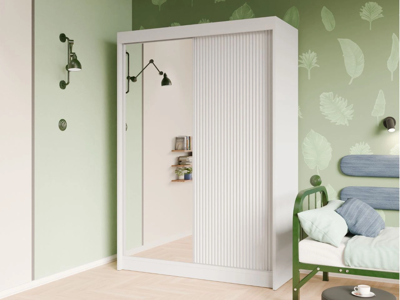 Schiebetürenschrank mit geriffelter Front und Spiegel 150 cm Fano Weiß