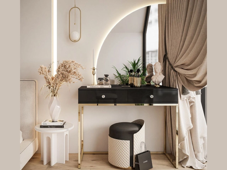 Kosmetiktisch linksseitig mit Schubladen und LED-Beleuchtung auf goldenen Beinen Clarette Schwarz Hochglanz