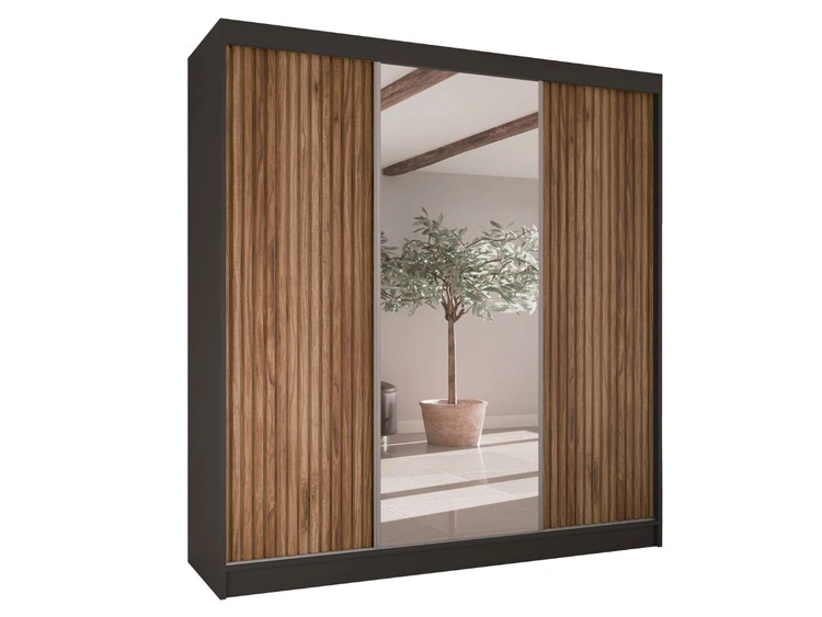 Schiebetürenschrank mit geriffelter Front und Spiegel 200 cm Rivas Schwarz, Catania