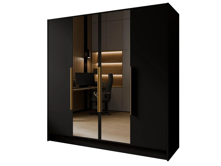 Kleiderschrank mit Spiegel 200 cm Lucca Schwarz mit goldenen Griffen