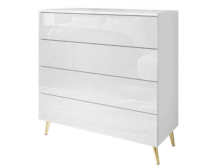 Kommode mit vier Schubladen und LED-Beleuchtung auf Goldenen Metallbeinen Nuveo Weiß Hochglanz