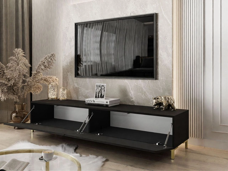 TV-Lowboard auf goldenen Beinen 175 cm mit LED-Beleuchtung Sorelle Schwarz Matt