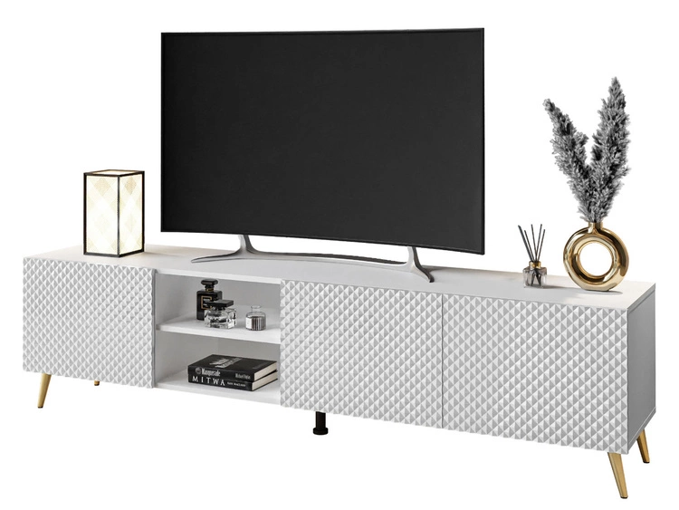 TV-Schrank mit 3D-gefrästen Fronten und goldenen Metallbeinen Celiane Weiß Glanz