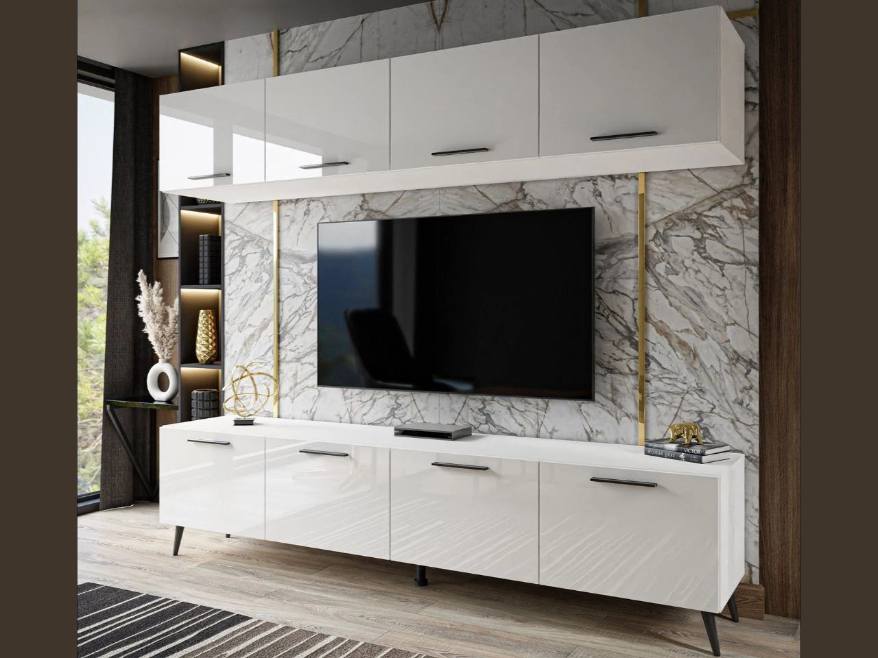 Wohnwand für das Wohnzimmer auf Schwarzen Metallbeinen Noaé Weiß Hochglanz